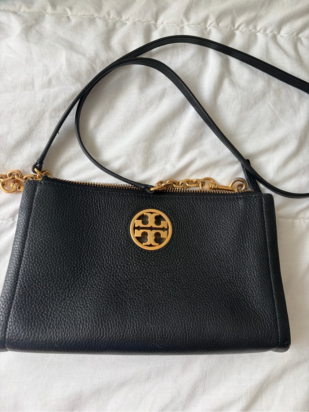 Tory Burch Black Pebbled Leather Crossbody with Gold Logo Accent